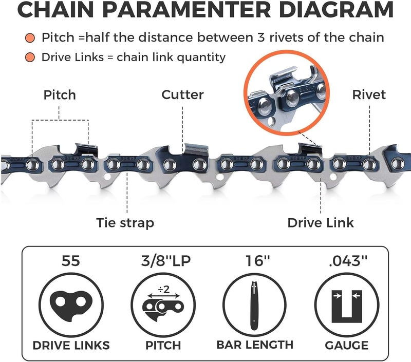 EXSHP 16 Inch Chainsaw Chain 3/8" LP Pitch .043" Gauge 55 Drive Links- 61PMM3 55 Fits Stihl MS170, MS171, MS180c - 36100050055, R55 (3 Packs) (90YNP-6) - Image 2